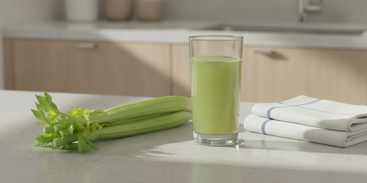 A glass of celery juice beside fresh celery on a kitchen counter after a workout