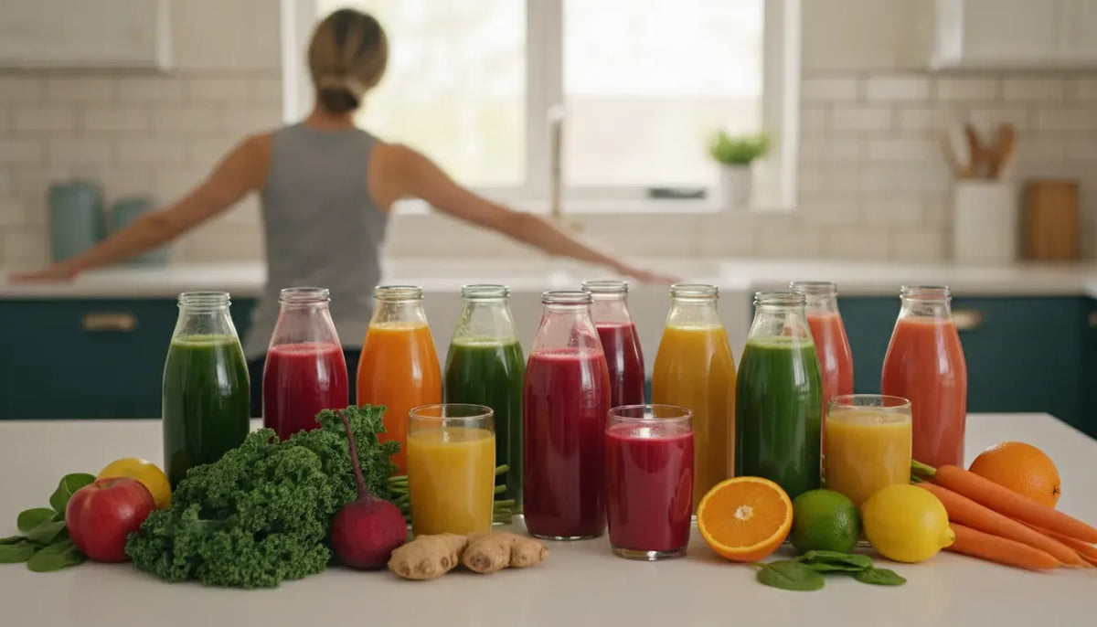 Colorful cold-pressed juices and fresh produce arranged for a juice cleanse routine