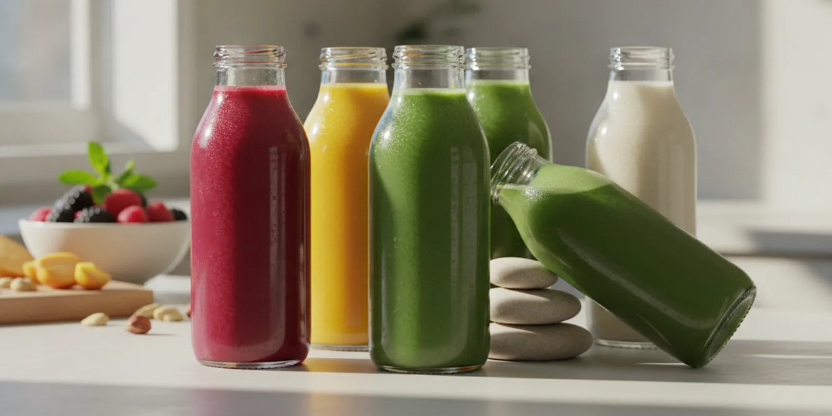 A mixed assortment of bottled juices and nut milk arranged for a cleanse routine