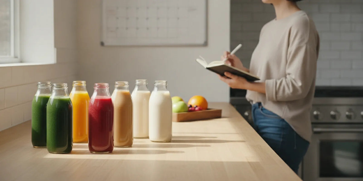 A selection of bottled juices and plant-based protein drinks arranged on a bright kitchen counter