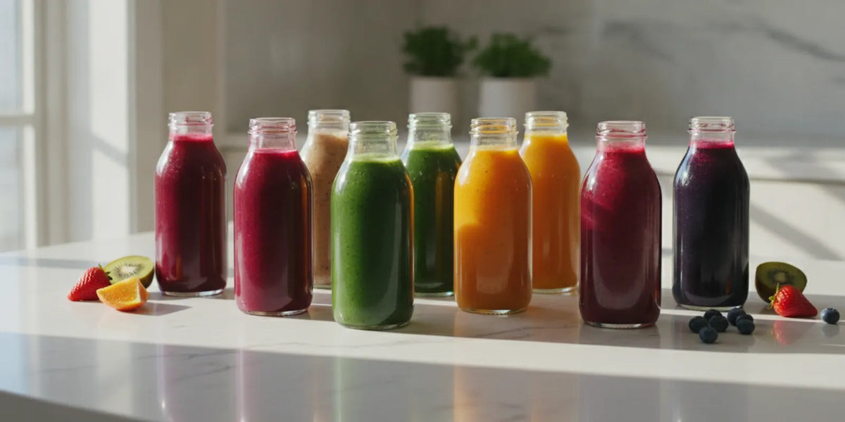 A colorful assortment of bottled cold-pressed juices arranged on a kitchen counter
