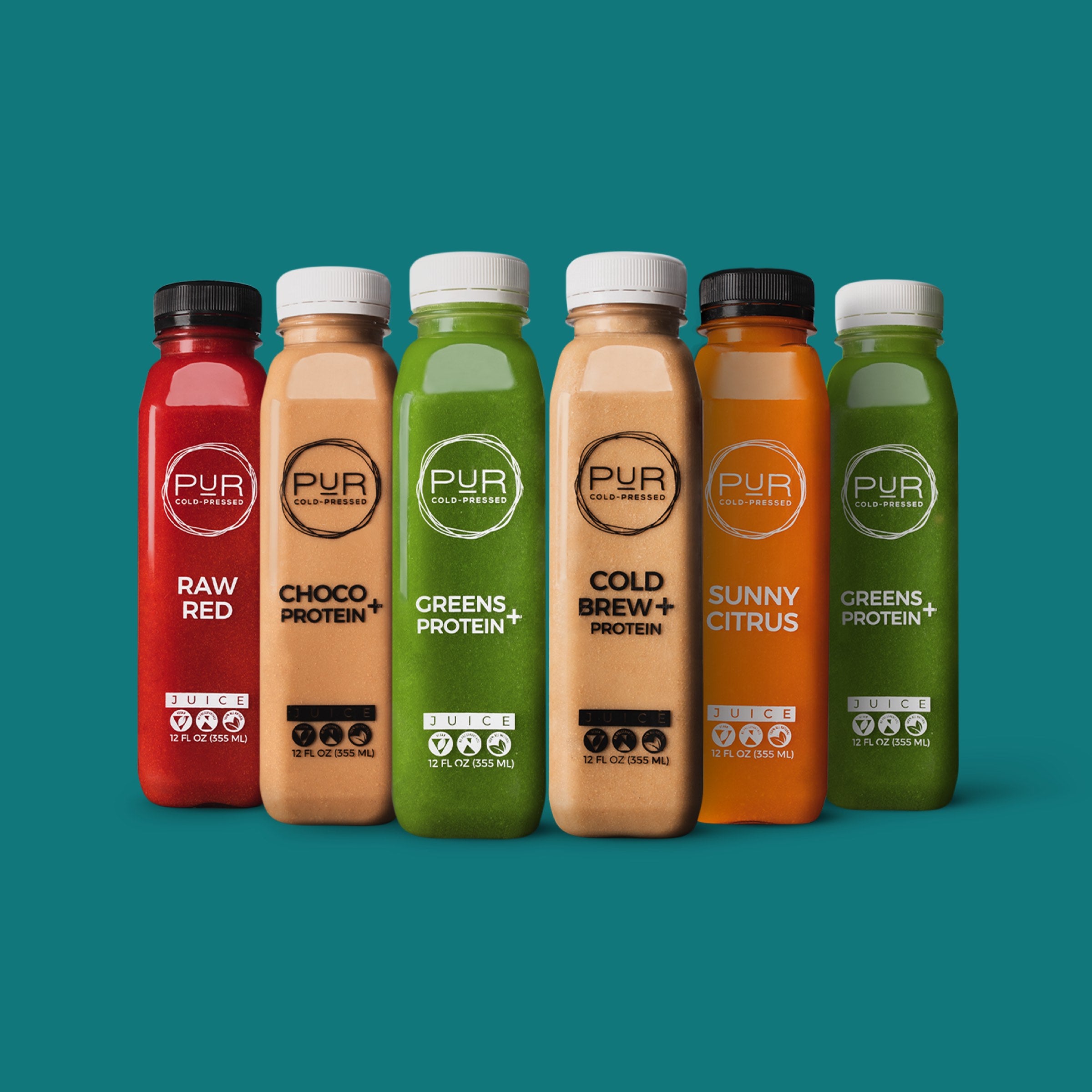 POWERHOUSE Juice Cleanse + Protein—PUR Raw Red, Greens Protein+, Choco Protein+, Cold Brew+ Protein, Sunny Citrus.
