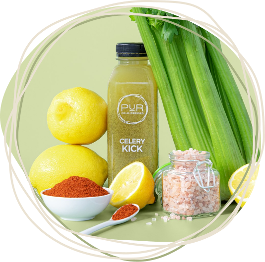 PUR Cold-Pressed Celery Kick juice surrounded by fresh celery, lemons, Himalayan salt, and cayenne pepper in a PUR circular frame.