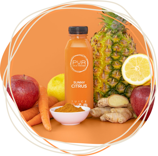 PUR Cold-Pressed Sunny Citrus juice with pineapple, lemon, apple, carrot, ginger, and turmeric in a PUR circular frame.