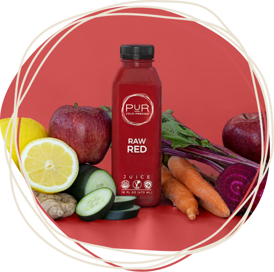 PUR Cold-Pressed Raw Red juice with apple, beet, carrot, lemon, cucumber, and ginger in a PUR circular frame.