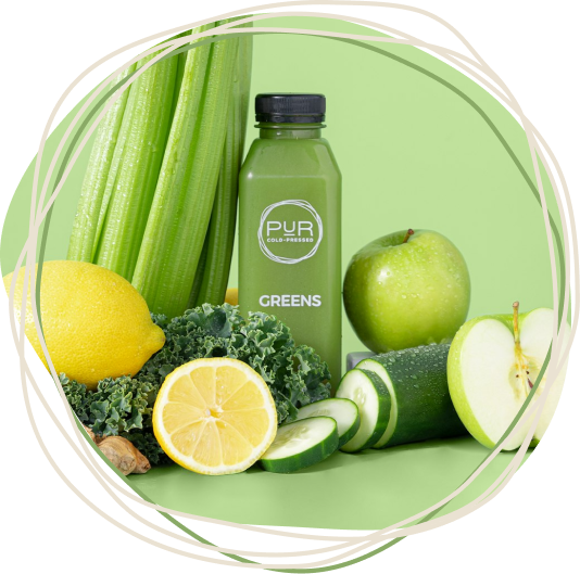 PUR Cold-Pressed Greens juice with celery, kale, cucumber, apple, lemon, and ginger in a PUR circular frame.