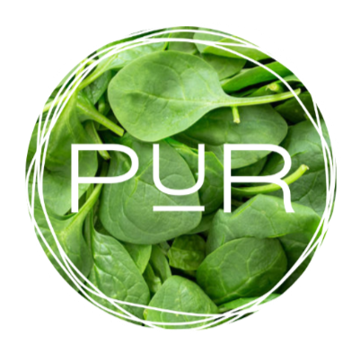 PUR logo overlayed on top of image of spinach