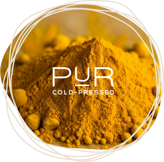 Ground turmeric overlayed with the PUR logo