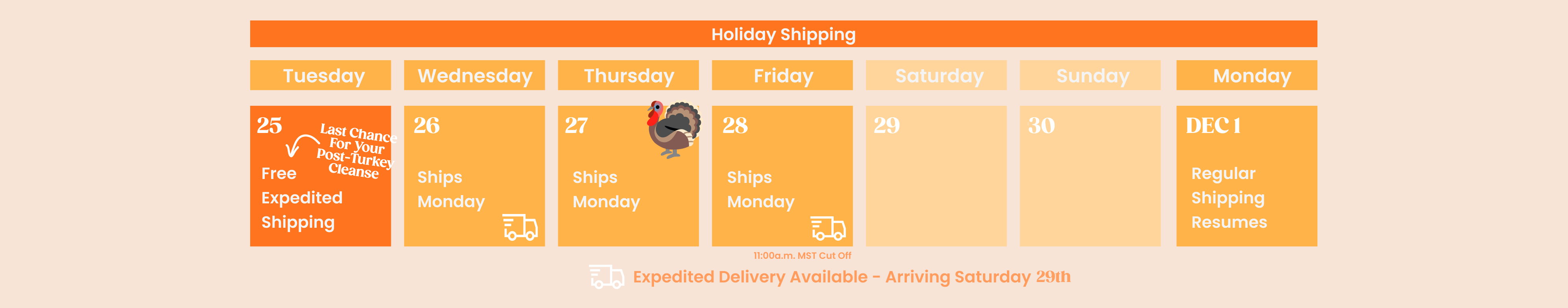Holiday shipping schedule with dates and delivery information on an orange background