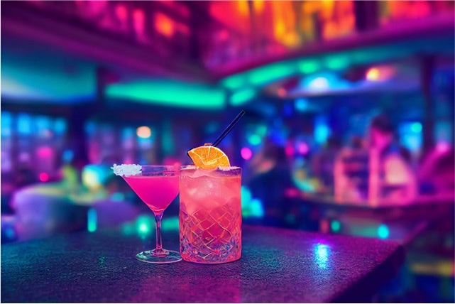 Colorful cocktails on a bar counter in a vibrant restaurant with neon lights and modern nightlife atmosphere.