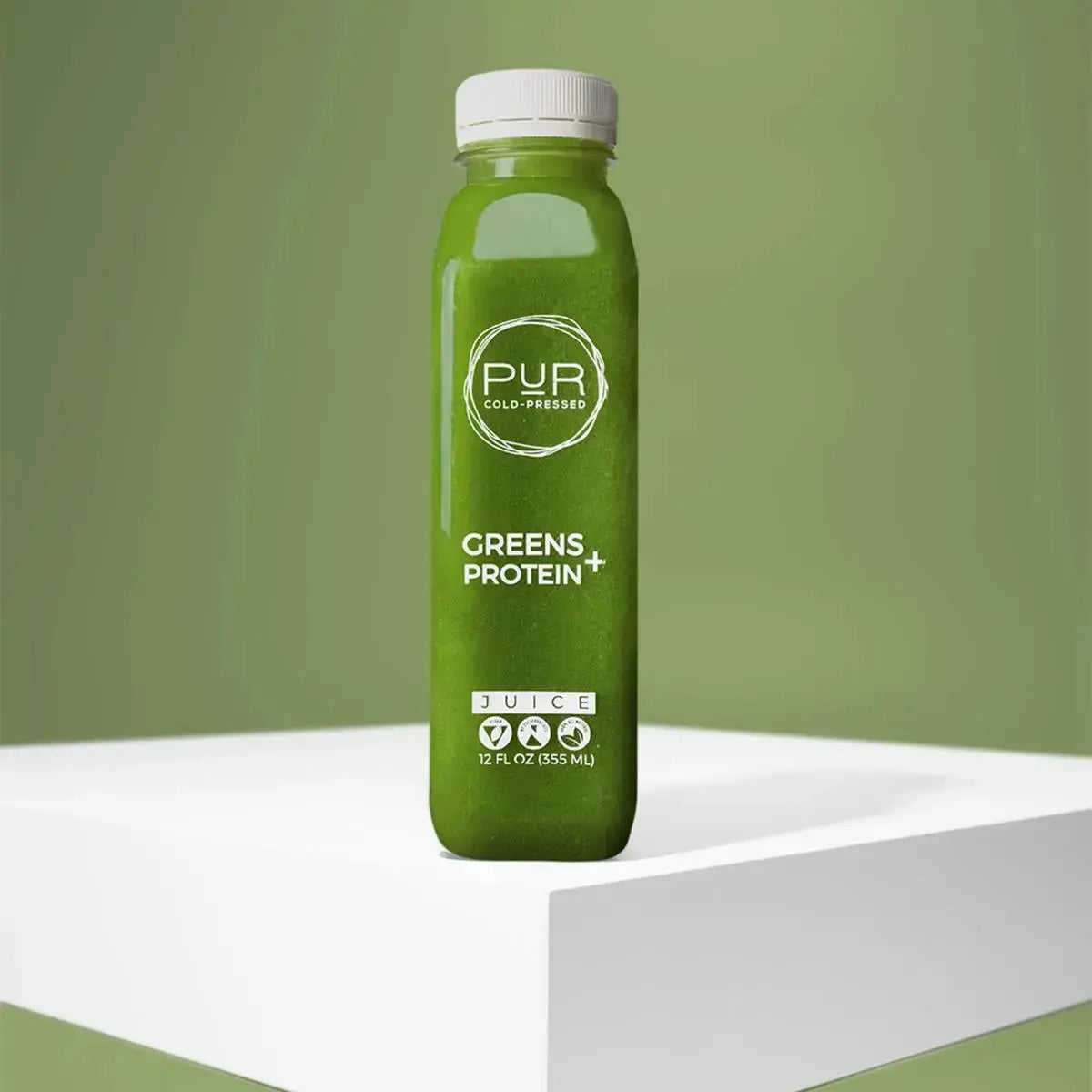 Pur Greens + Protein Cold Pressed Juice with kale & cucumber.