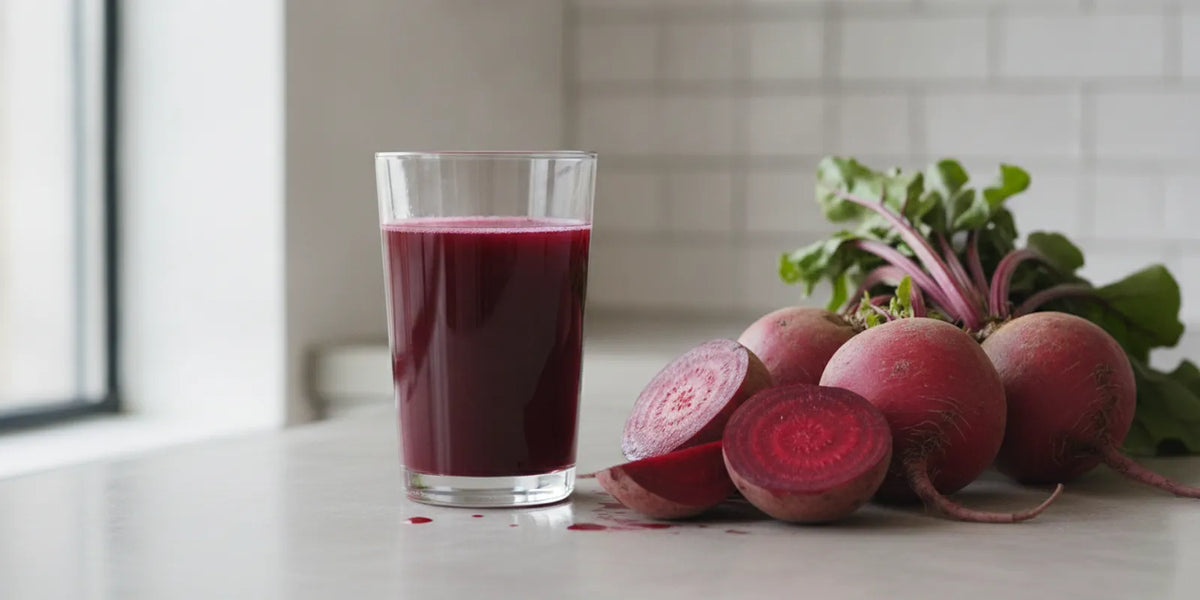 Glass of deep red beet juice beside fresh beets on a bright kitchen counter