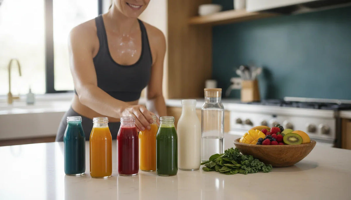 Cold-pressed juices, almond protein beverage, and fresh produce in a natural fitness nutrition routine