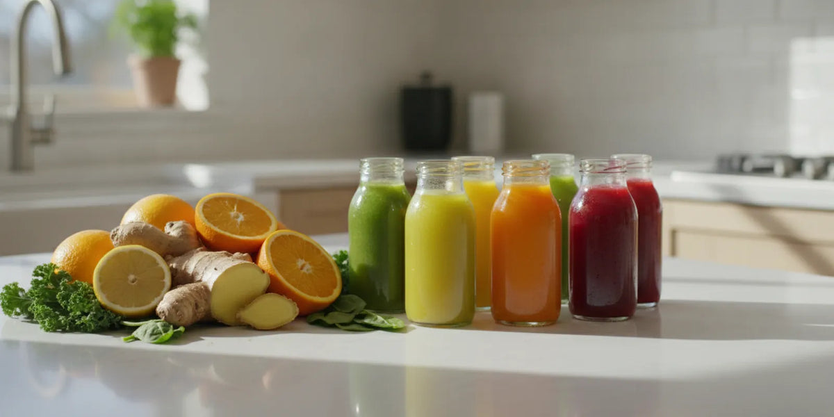 Small cold-pressed wellness shot bottles arranged beside fresh produce on a bright kitchen counter