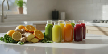 Small cold-pressed wellness shot bottles arranged beside fresh produce on a bright kitchen counter