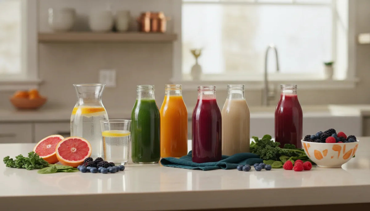 Colorful cold-pressed juices and a plant-based protein drink with fresh produce
