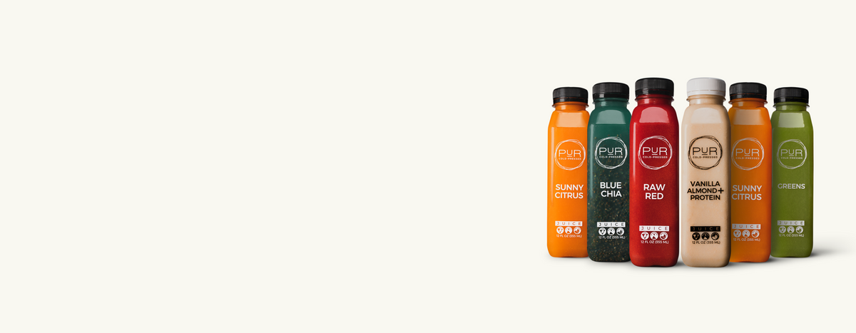 PUR Cold-Pressed Build Your Own Cleanse — customizable juice cleanse featuring Sunny Citrus, Blue Chia, Raw Red, Greens, and Vanilla Almond Protein for a flexible, nutrient-rich detox.