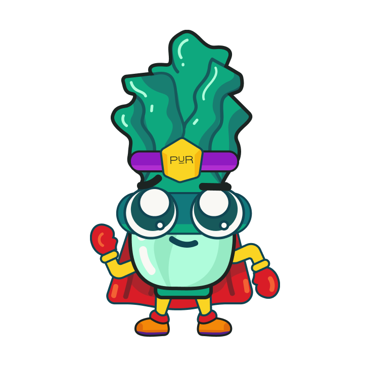 PUR leafy-green superhero mascot (celery character) waving in a red cape.
