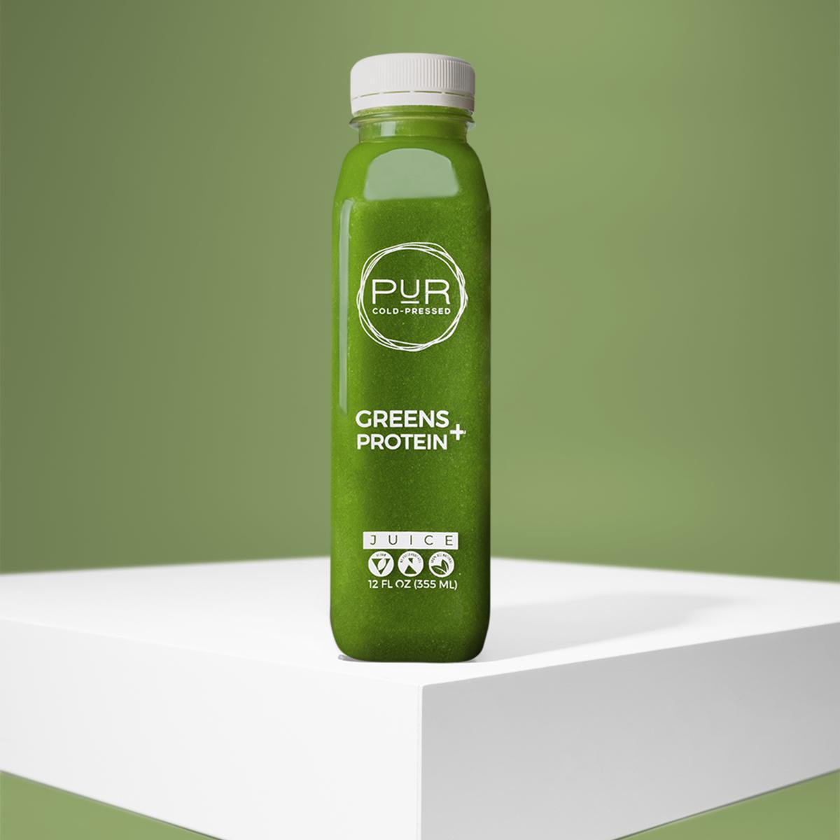 PUR juice cleanse cold pressed juice GREENS + PROTEIN COLD PRESSED JUICE Green Juice with Protein | Essentials + Vegan Protein | PUR Individual Juice