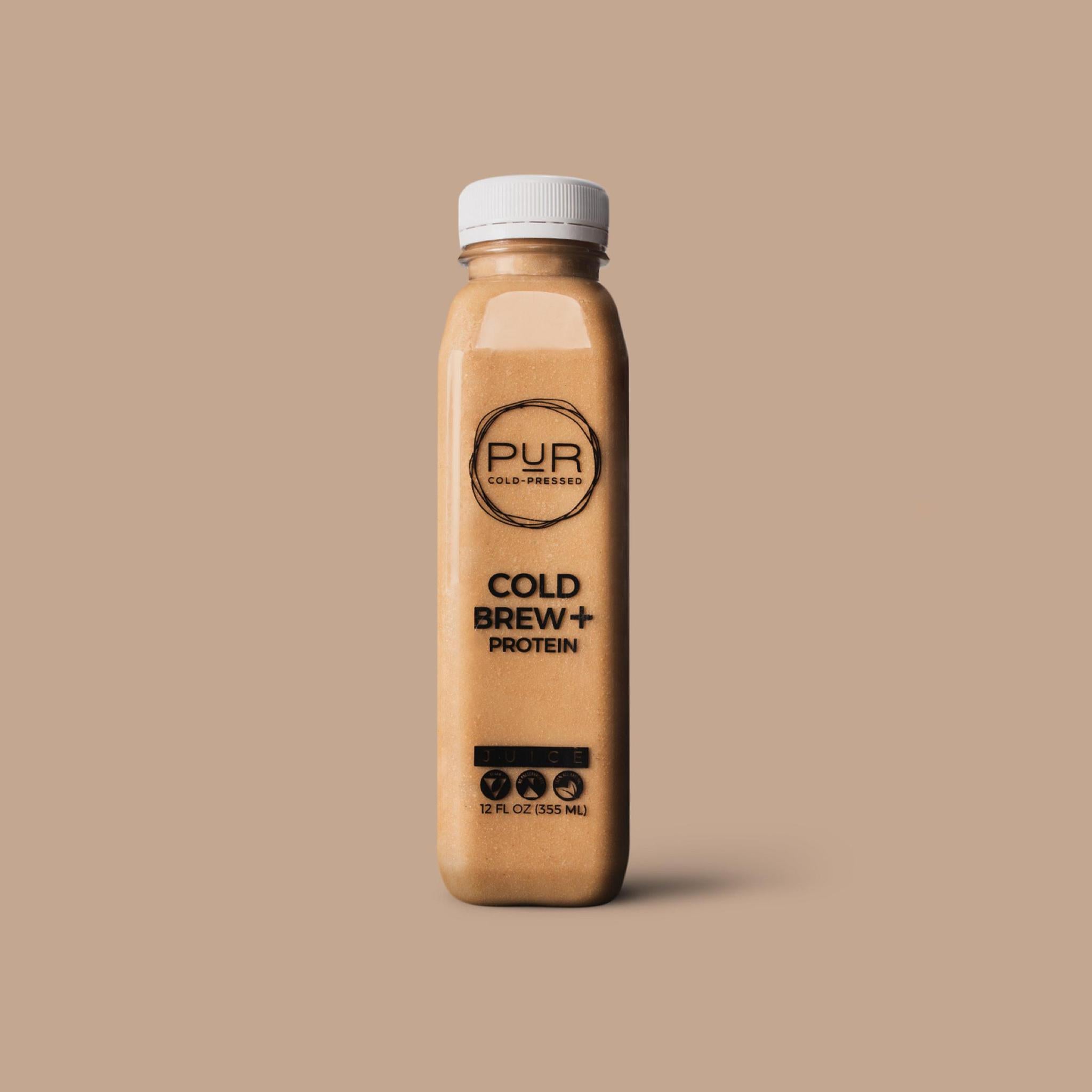 PUR juice cleanse cold pressed juice COLD BREW + PROTEIN - ALMOND MILK Cold Brew Almond Milk Coffee + Protein | Cold-Pressed | PUR Individual Protein Plant Based Mylk