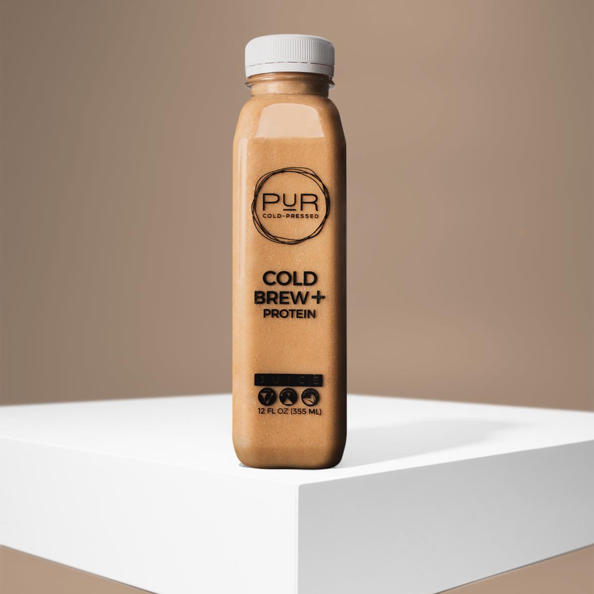 PUR juice cleanse cold pressed juice COLD BREW + PROTEIN - ALMOND MILK Cold Brew Almond Milk Coffee + Protein | Cold-Pressed | PUR Individual Protein Plant Based Mylk