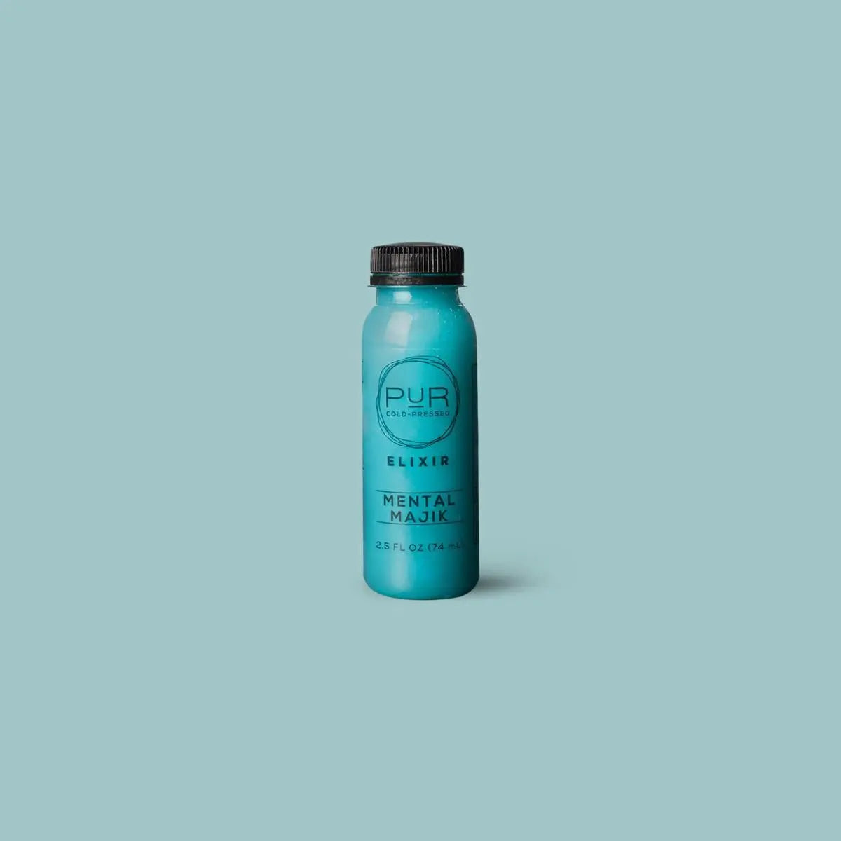 Cold-pressed wellness shot with blue spirulina, ginger.