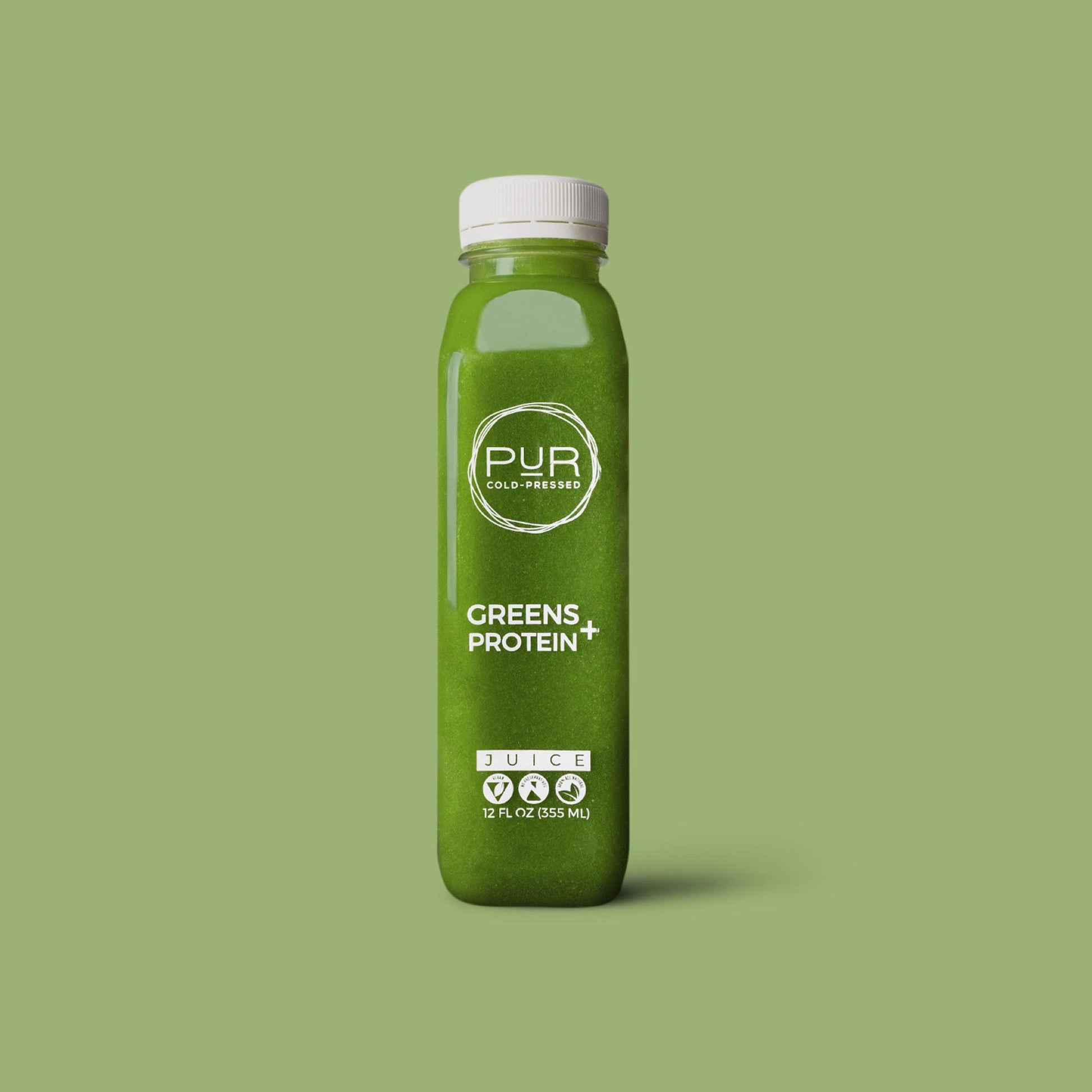 PUR juice cleanse cold pressed juice GREENS + PROTEIN COLD PRESSED JUICE Green Juice with Protein | Essentials + Vegan Protein | PUR Individual Juice